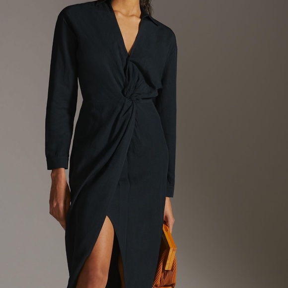 Anthropologie Dresses & Skirts - Anthropologie Long Sleeve V-Neck Knot Front Midi Dress